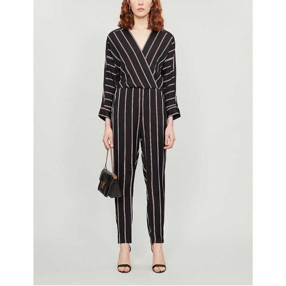 Maje Pants - Maje Striped Black Red Pandomi V-Neck Wrap Woven Jumpsuit Surplice Pocket Medium